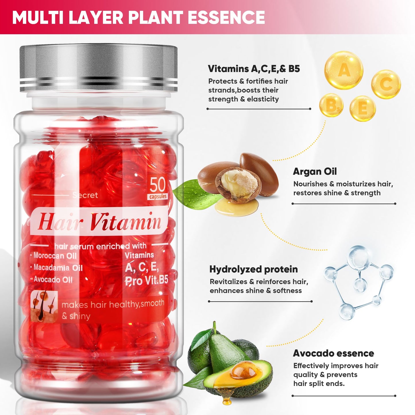 Jaxmoon Hair Treatment Serum - Bali Secret Hair Vitamin, No Rinse with Moroccan Macadamia Avocado Oils, Vitamins A C E Pro Vit B5, 50 Capsules