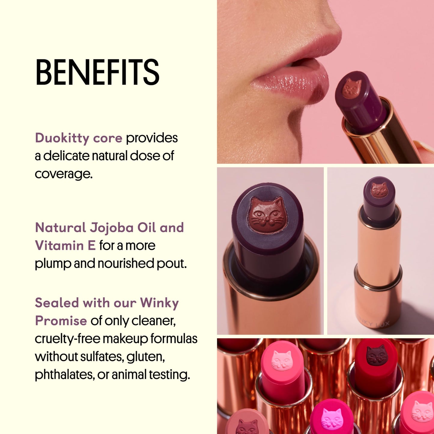 Winky Lux Purrfect Pout Lipstick, Semi Sheer Creamy Lipstick With Jojoba Oil and Vitamin E, Subtle Berry Natural Lipstick, Frisky