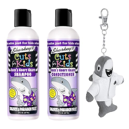 Sharkey's Grape Scented Kids Shampoo and Conditioner with Baby Shark Plush Backpack Clip or Lunchbox Clip - Sulfate Free and Paraben Free!…