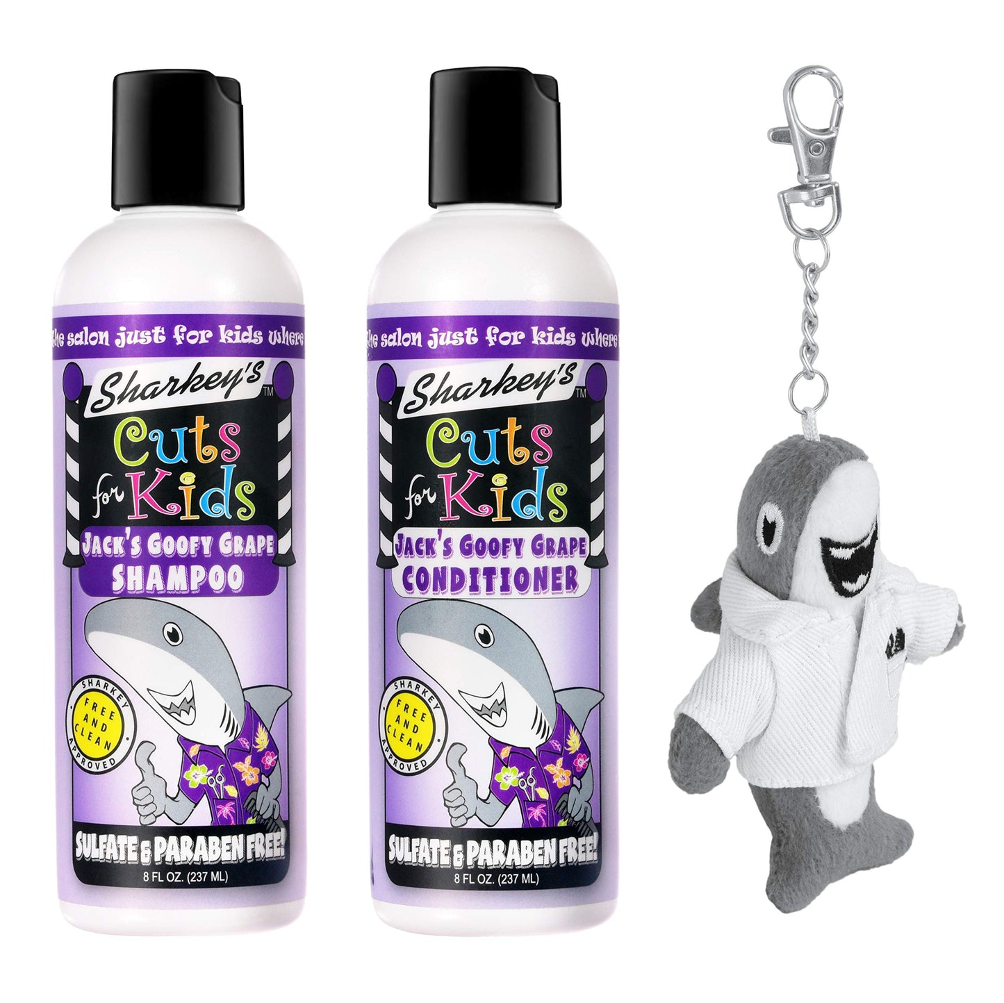 Sharkey's Grape Scented Kids Shampoo and Conditioner with Baby Shark Plush Backpack Clip or Lunchbox Clip - Sulfate Free and Paraben Free!…