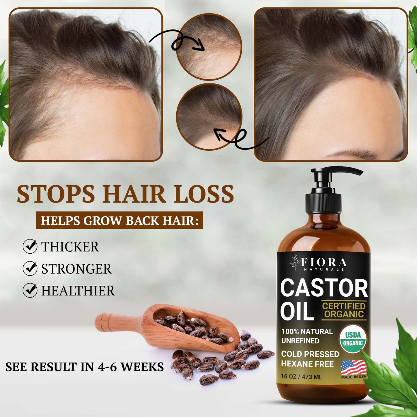 Organic Castor Oil in Glass Bottle - 16 Oz Cold Pressed & Hexane-Free - USDA Certified - Hair Growth Oil For Lashes, Brows, Skin & Scalp - with Pump