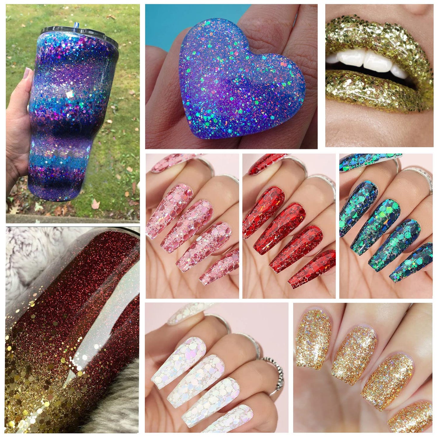 12 Colors of Holographic Chunky Glitter with Quick Dry Glue, 12 Pots Total 120g Multi-Shaped for Body Hair Face Eyes Make-up, Nail Art and Bedazzling