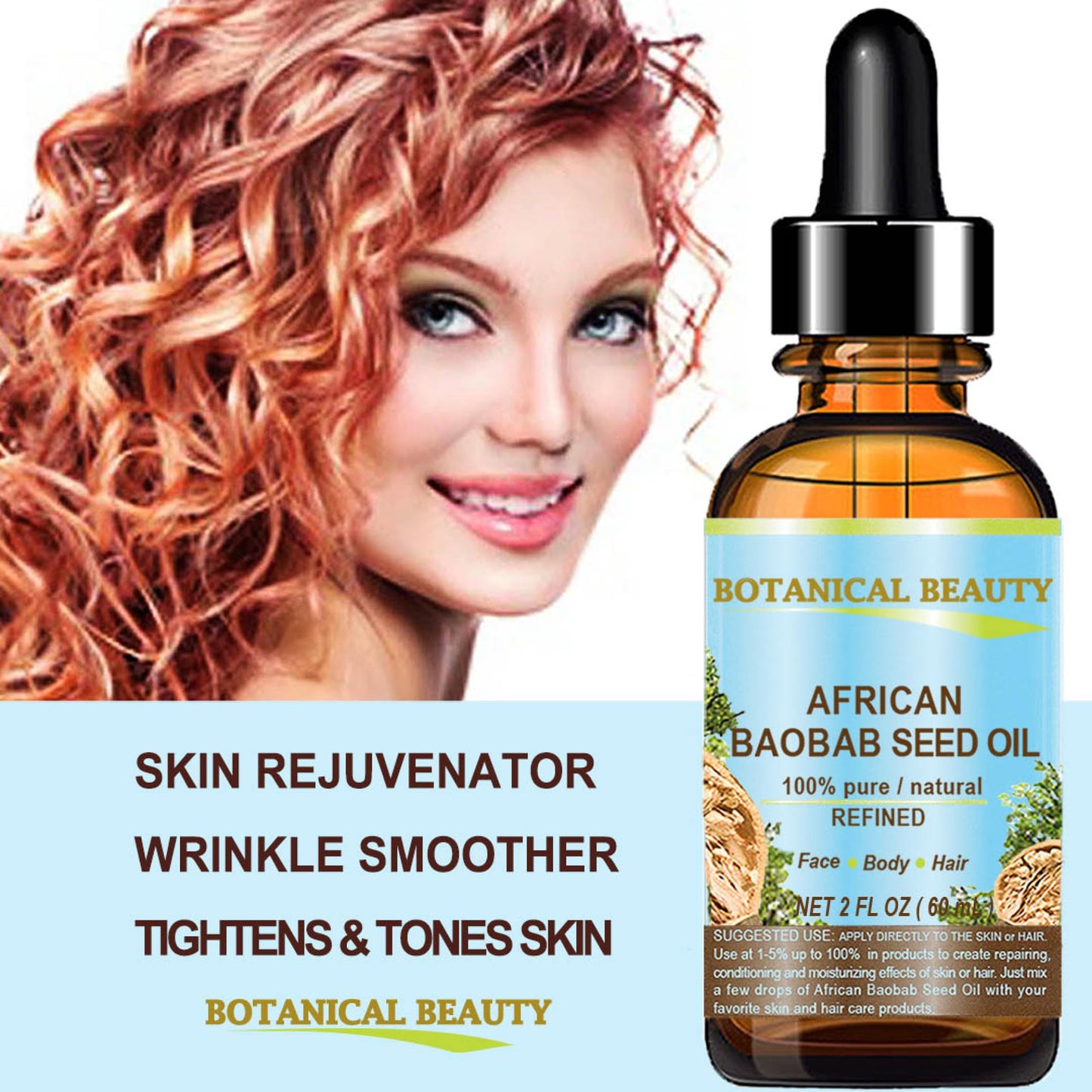 Botanical Beauty BAOBAB SEED OIL 100% Pure Natural Refined Cold-Pressed Carrier Oil 0.5 Fl oz 15 ml For Face Skin Body Hair Lip Nails Rich in Vitamin