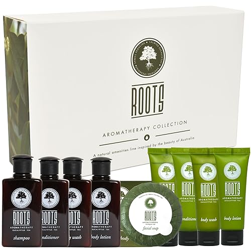 ROOTS AROMATHERAPY Travel+Essentials Shampoo and Conditioner Sets Body Wash Lotion & Soap,Guest Bathroom Essentials Toiletries Kit Bulk Mini Set Kits
