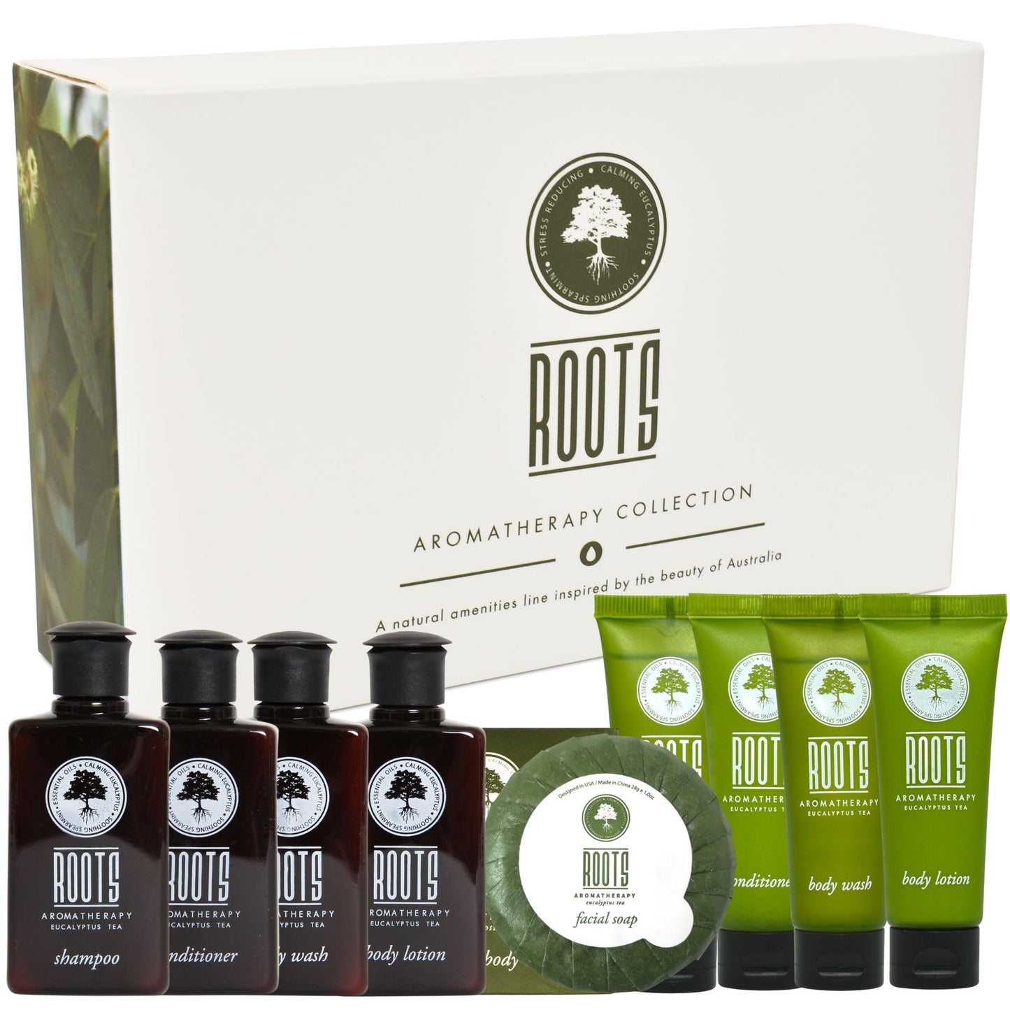 ROOTS AROMATHERAPY Travel+Essentials Shampoo and Conditioner Sets Body Wash Lotion & Soap,Guest Bathroom Essentials Toiletries Kit Bulk Mini Set Kits