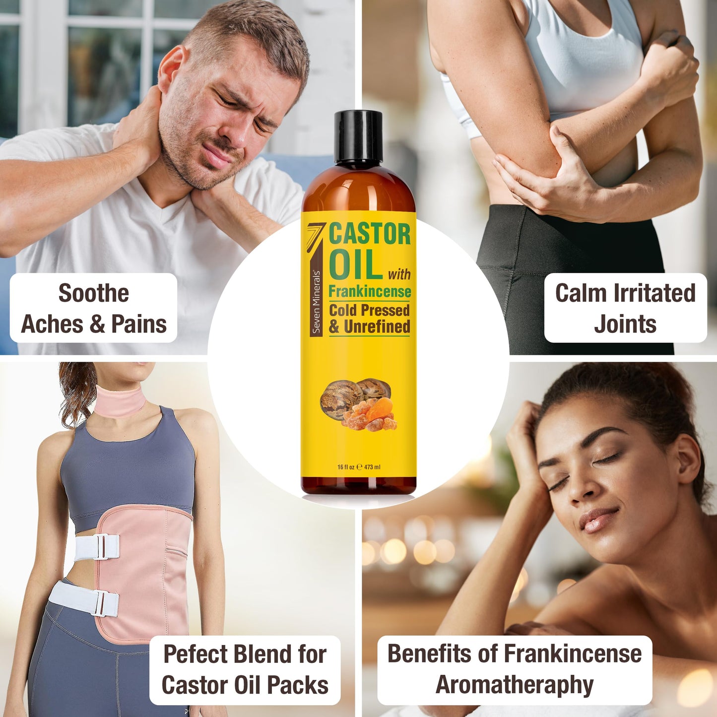 Seven Minerals Cold Pressed Castor Oil with Frankincense - 16 fl oz Bottle - Unrefined & Hexane Free - Hair Growth, Thicker Eyelashes & Eyebrows, Dry Beauty and Personal Care Seven Minerals