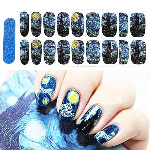 3D Van Gogh's Starry Night Fullnail Stickers, Full Nail Starry Sky Art Gel Nail Polish Sticker Decals, Shimmery Glittery, Long Lasting, Easy to Apply
