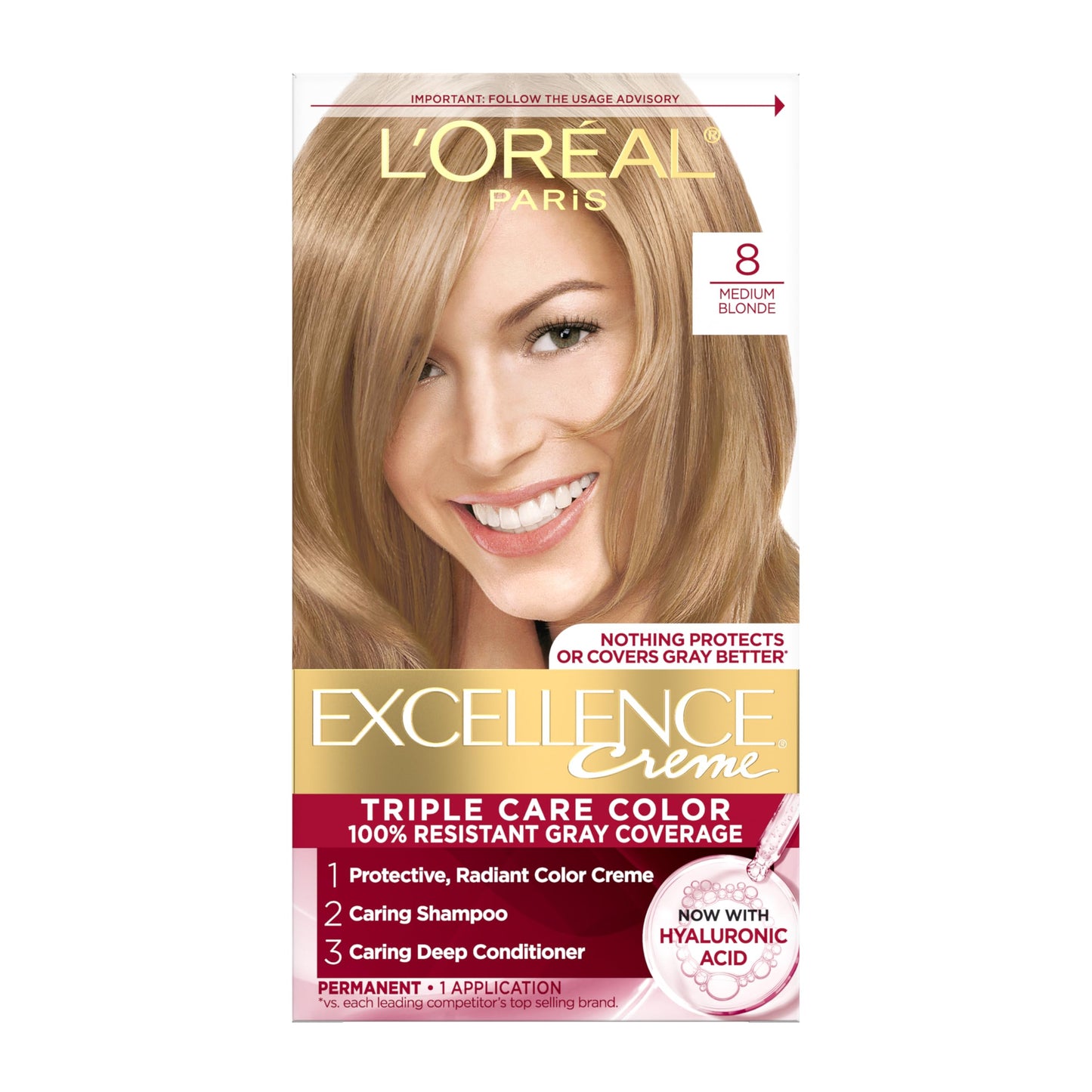 L'Oreal Paris Excellence Crème Permanent Hair Dye, Triple Care Hair Color with Pro-Keratine Complex for 100% Gray Hair Coverage, 8 Medium Blonde, 1