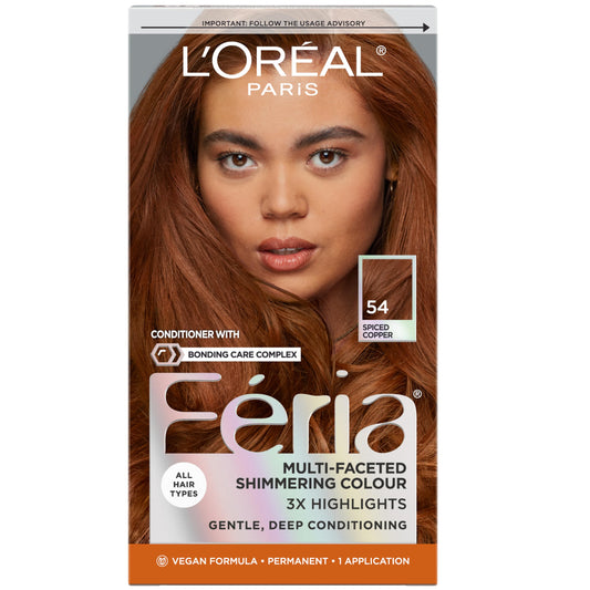 L'Oreal Paris Feria Multi-Faceted Shimmering Permanent Hair Color, High Intensity Hair Dye for 3X Highlights, 54 Spiced Copper, 1 Kit