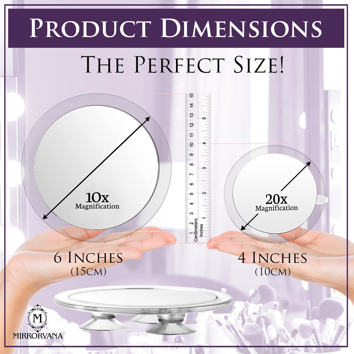 MIRRORVANA 20X & 10X Magnifying Mirror Set with 3 Suction Cups Each - Compact & Travel Ready Mirror for Makeup - Sizes: 6" and 4" Wide