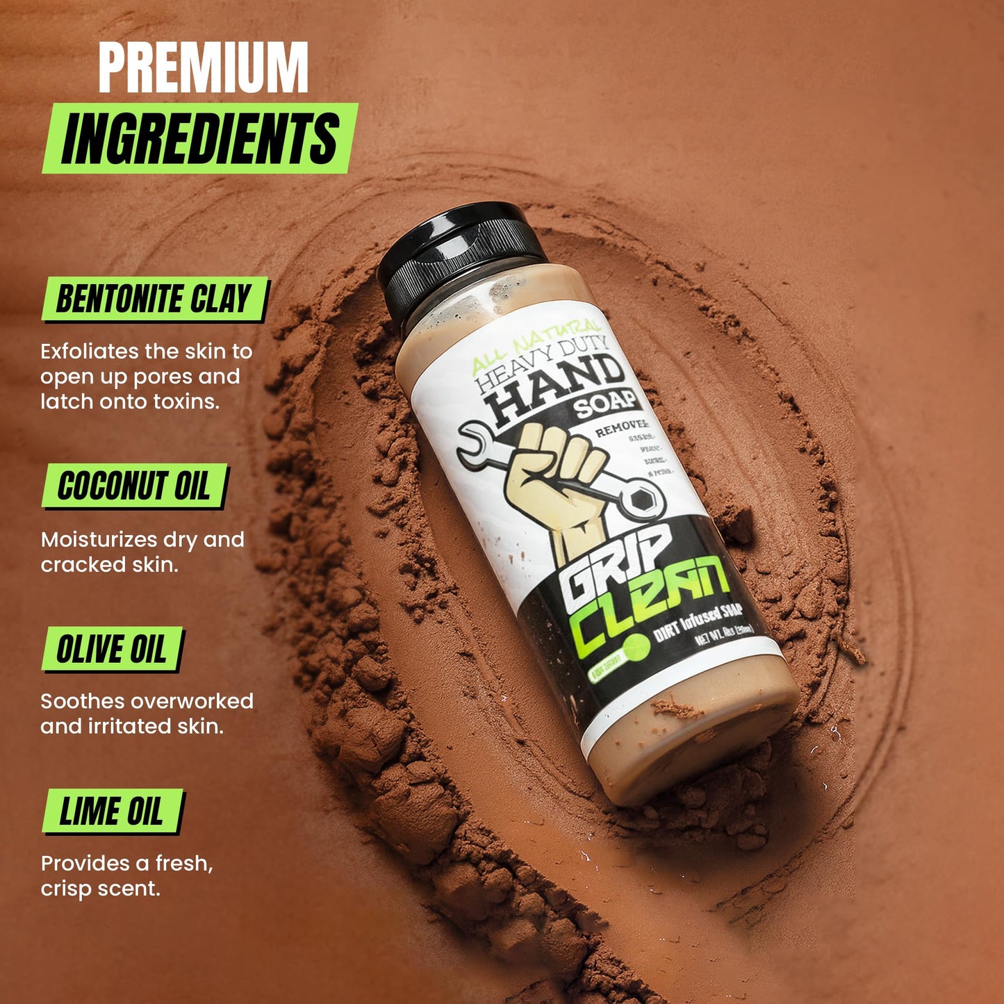 Grip Clean Heavy Duty Hand Cleaner for Mechanics - Natural Pumice & Clay-Infused Technology Removes Grease, Oil & Grime - Moisturizing Liquid Hand