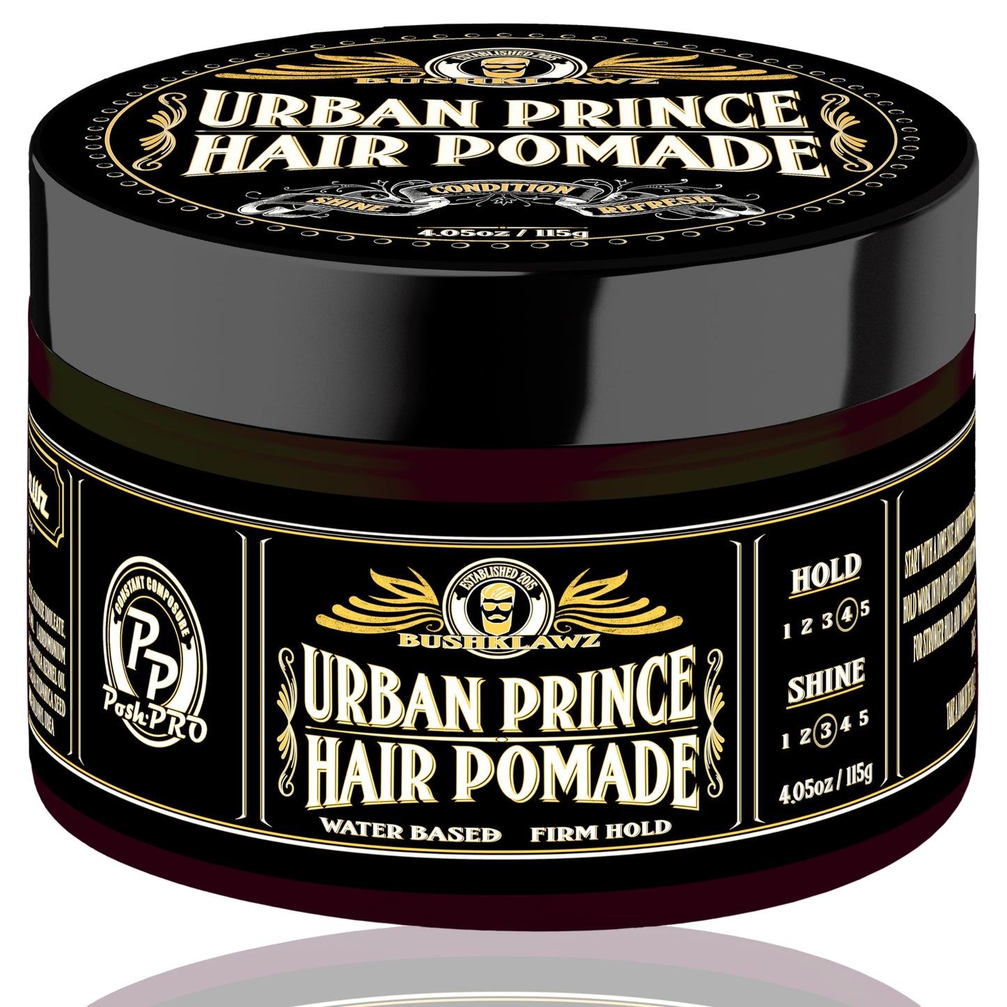 BushKlawz Urban Prince Hair Pomade Water Based Firm Strong Hold Easy to Wash Out Gel Type for Tight Styles Men's Styling Product Barber Approved 115g