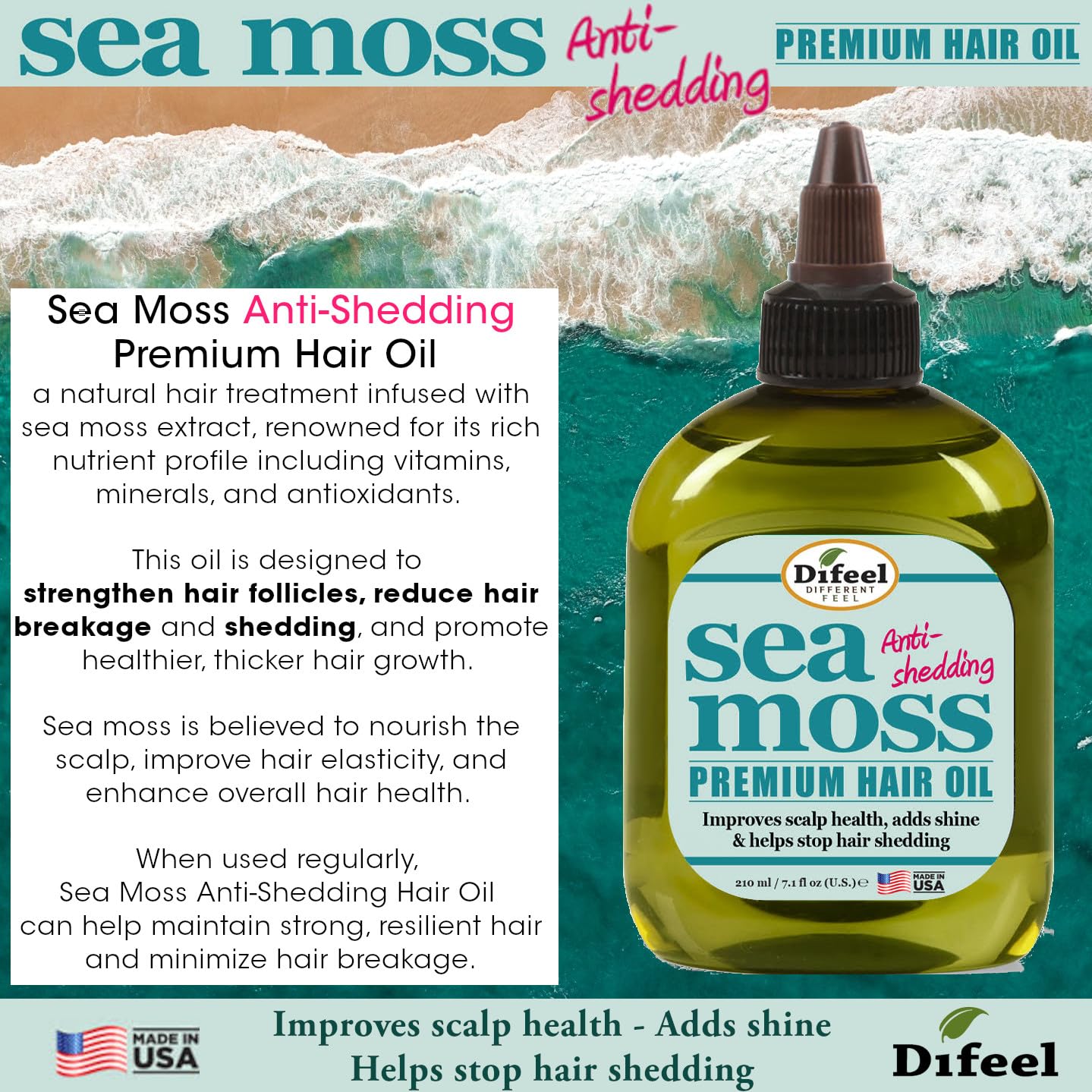Difeel Premium Anti-Shedding Hair Oil with Sea Moss - 7.1 oz, For Hair Growth and Frizzy, Damaged or Dry Hair