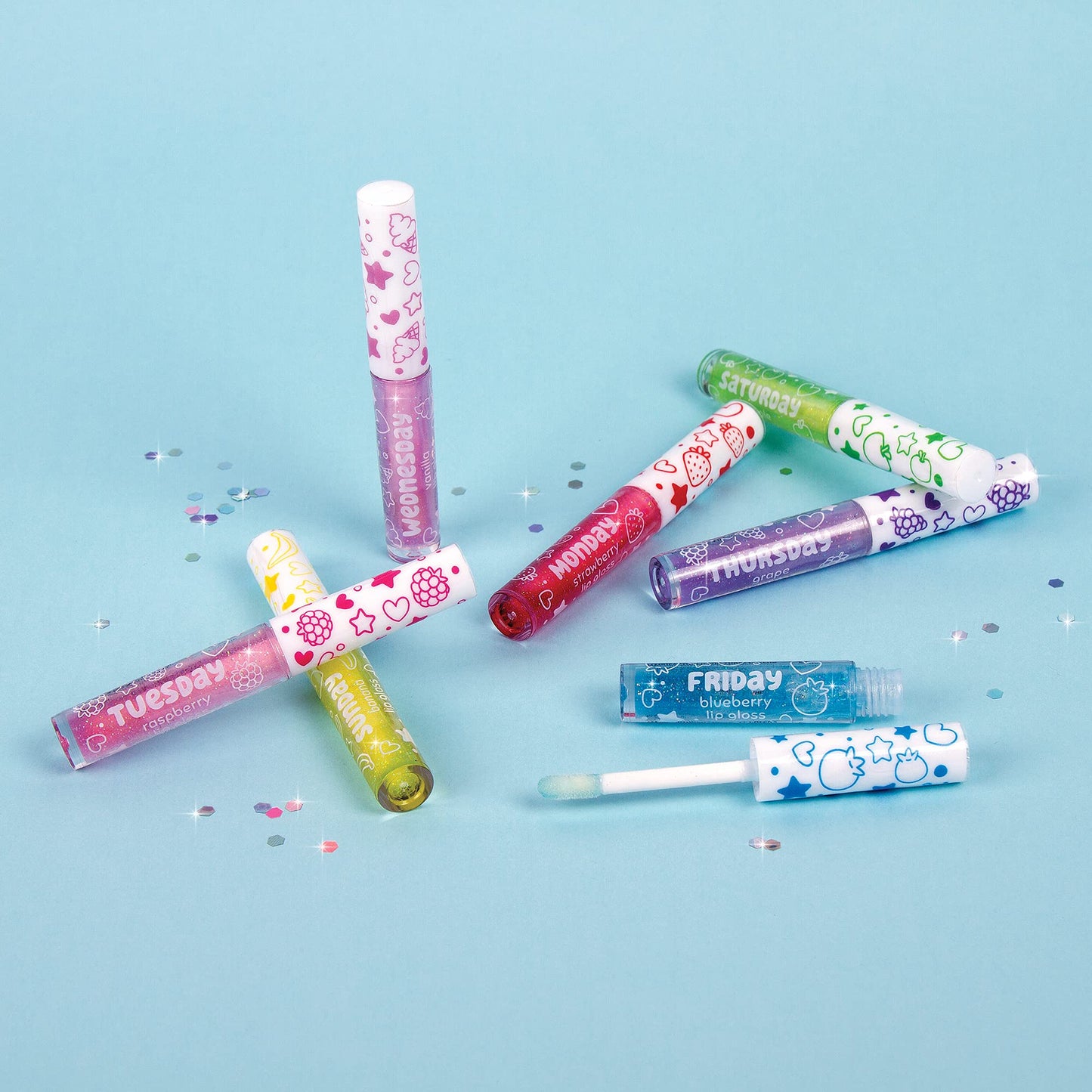 Make It Real 3C4G 7 Days Glitter Lip Gloss - Flavored Lip Gloss Set for Girls - Strawberry, Raspberry, Vanilla and More! - 7 Piece Lip Gloss Kit