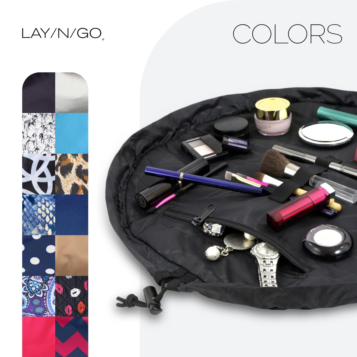 Lay-n-Go Cosmo 20" Drawstring Makeup Bag – Portable Cosmetic Organizer with Zipper Pocket & Loops, Washable Travel Toiletry Bag (Black)