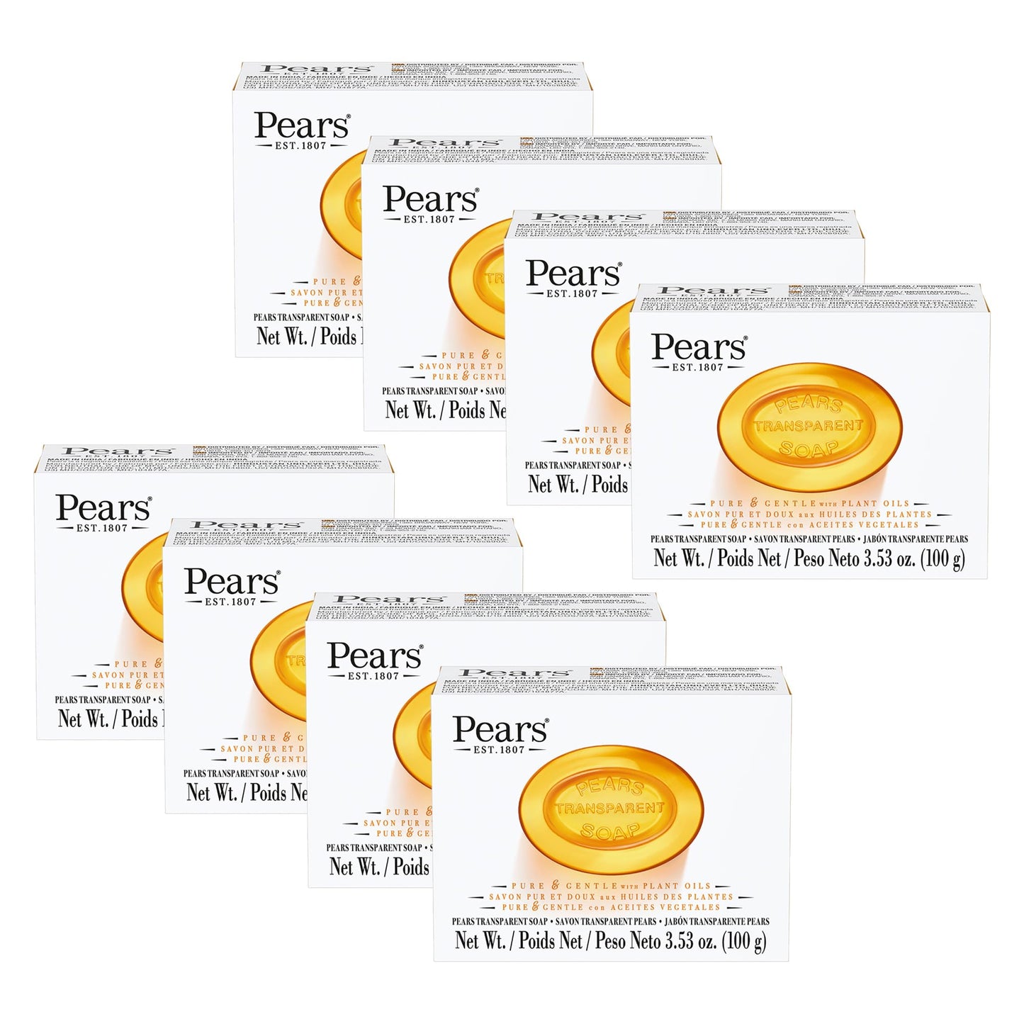 Pears Pure and Gentle with Glycerin and Natural Oils - Transparent Soap Bar for Radiant Skin - Bar Soap for Women and Men - Amber - 8 pc