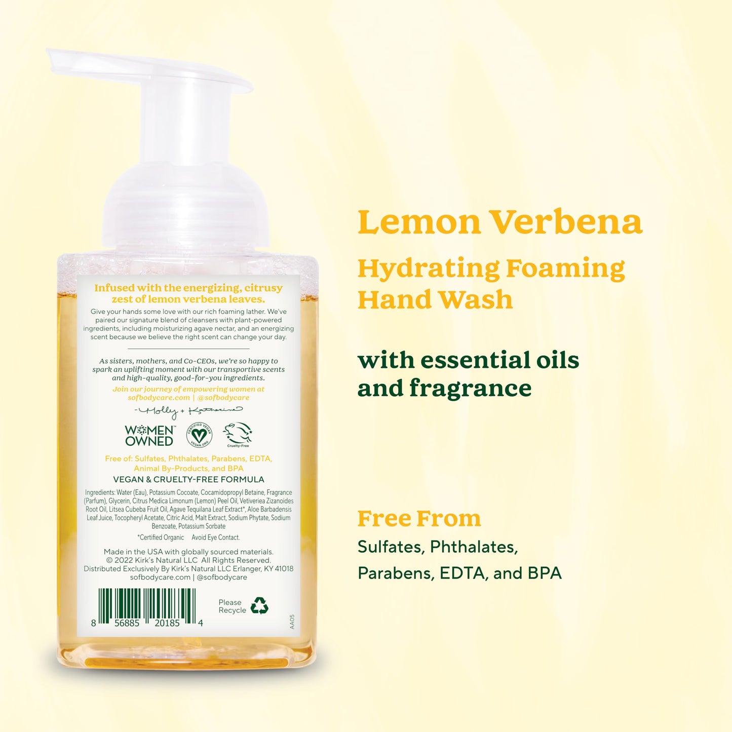 South Of France SoF Hydrating Foaming Hand Wash - With Organic Agave Nectar & Coconut Oil- Vegan & Non GMO- Free From Phthalates, Sulfates & Parabens