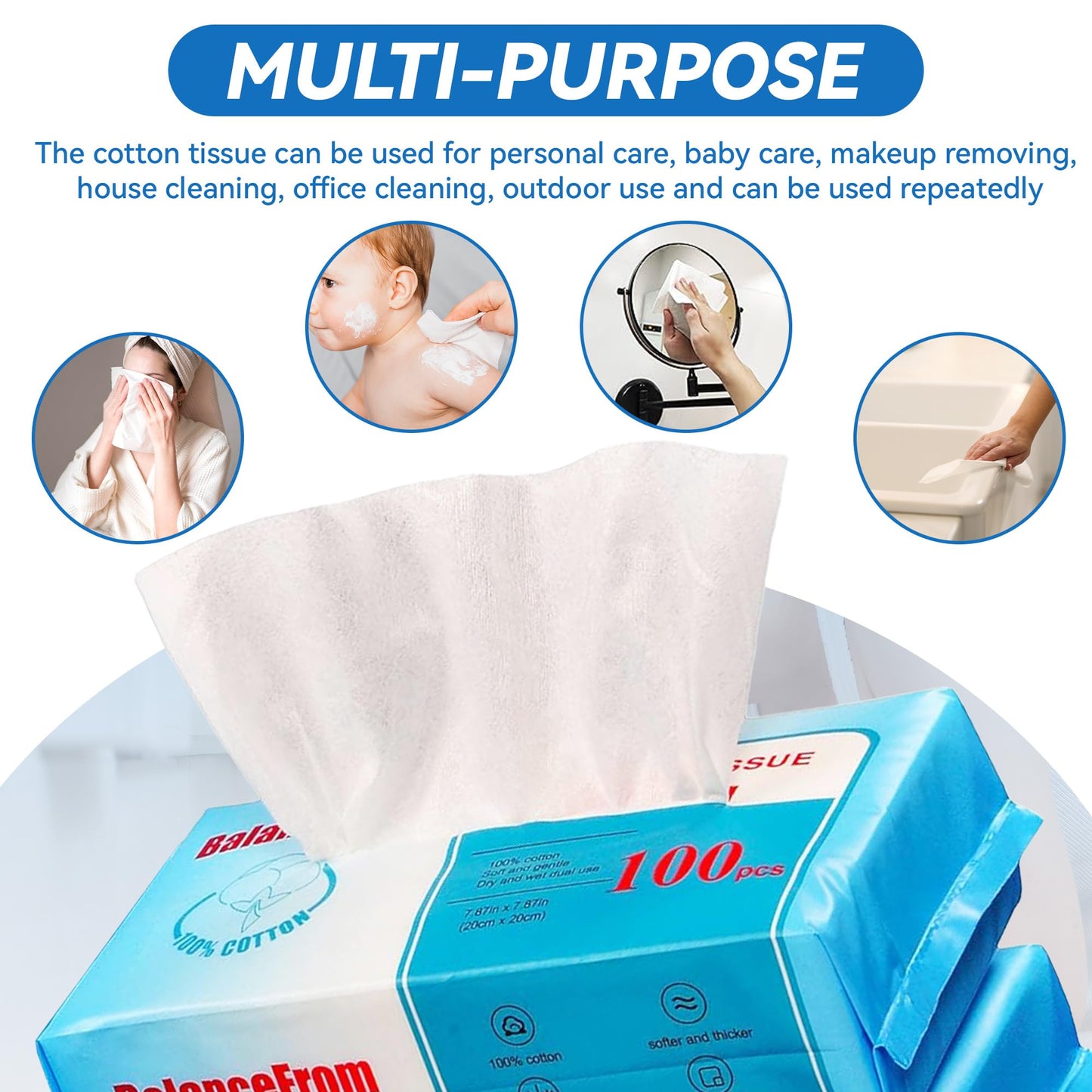 Elevon Multi-Purpose 100% Unscented Cotton Tissue Soft Dry Facial Cotton Wipes for Sensitive Skin, , White (Pack of 18)
