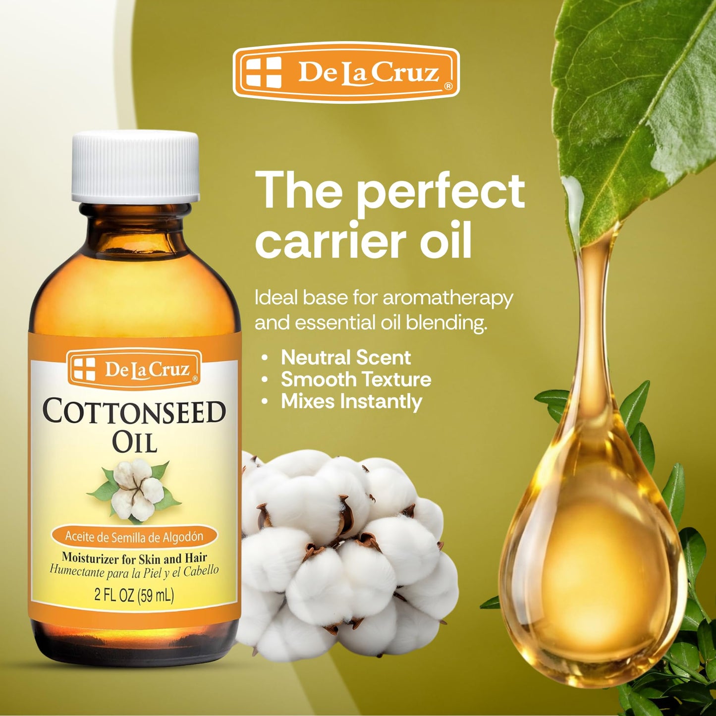 De La Cruz Cottonseed Oil - Moisturizer for Skin and Hair - Multipurpose Carrier Oil - 2 Fl OZ (1 Bottle)