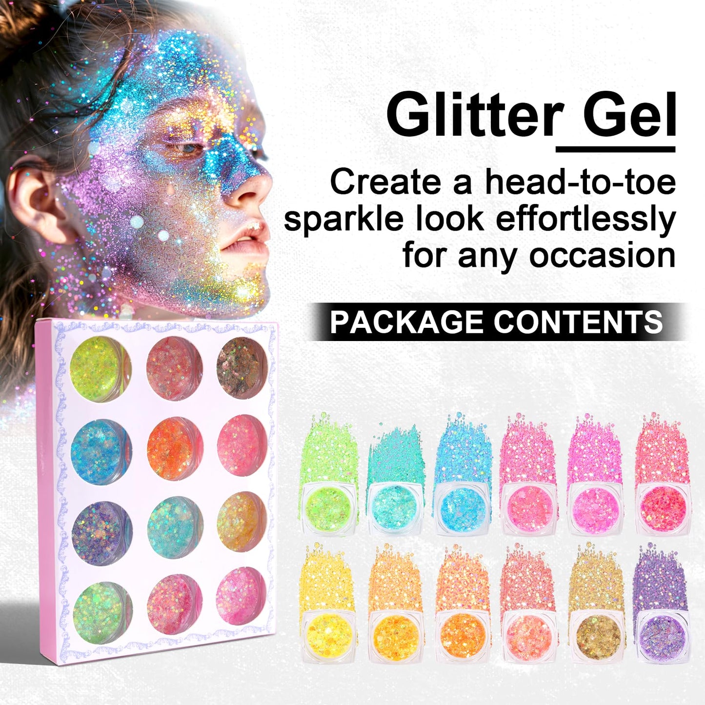 Glow in the Dark Face & Body Glitter Gel - 12 Colors Chunky Holographic Glitter for Hair, Body, Festival, Party, Rave Makeup, Washable Cosmetic