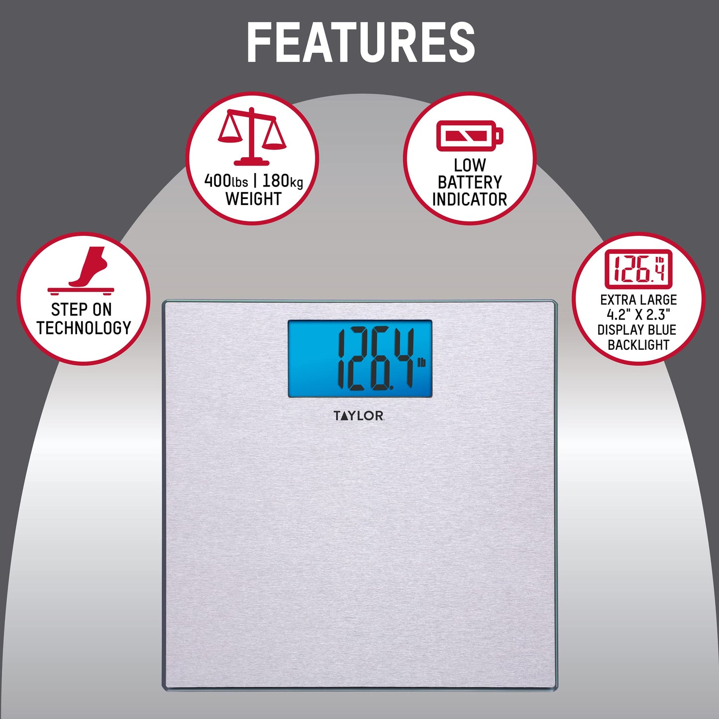 Taylor Digital Scales for Body Weight, 400 LB Capacity, Unique Blue LCD, Auto on and Off Scale, 11.8 x 11.8Inches, Stainless Steel