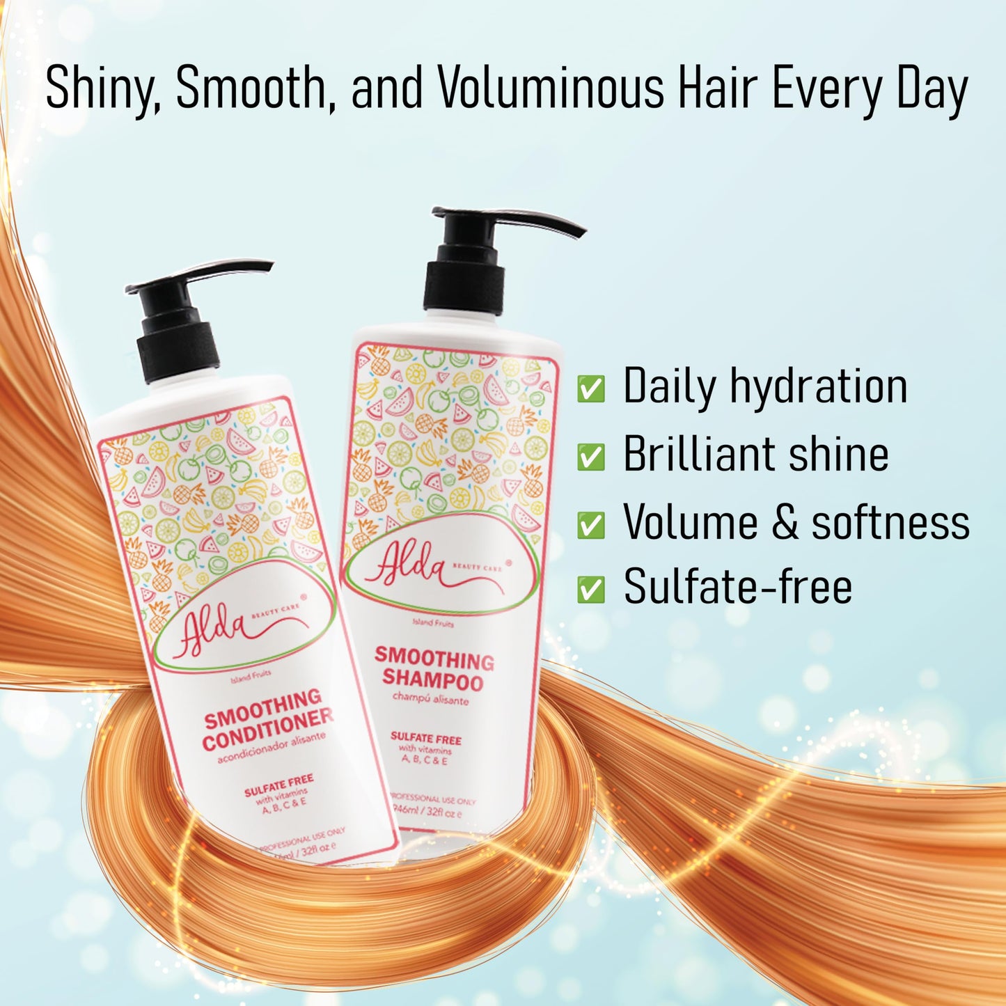 Alda Beauty Care Smoothing Shampoo and Conditioner Set, 32 fl oz Each, with Argan Oil Serum, Island Fruits Scent, Sulfate-Free, Nourishing Formula