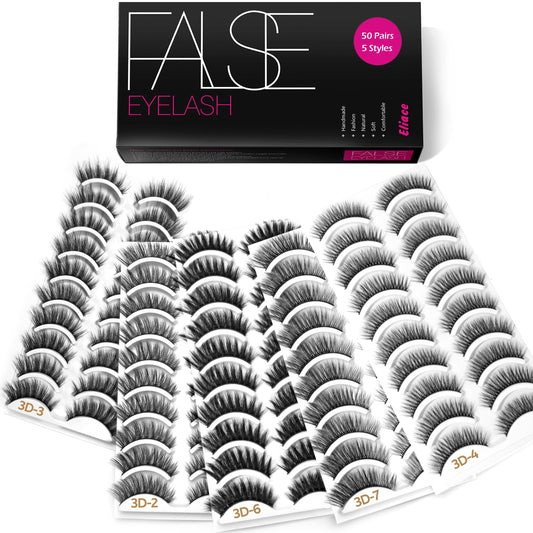 Eliace Eyelashes, (50 Pairs,5 Styles) Luxurious Faux Mink Lashes Natural Look Wispy Fluffy Handmade Cat Eye False Lash Pack, False Eyelashes Set, Fake