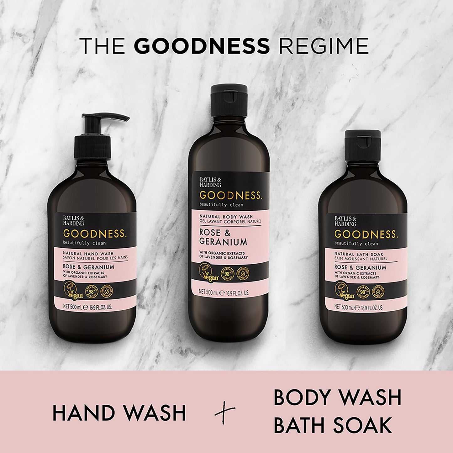 Baylis & Harding Goodness Rose & Geranium Natural Bath Soak 16.9 fl. oz (Pack of 3) - Biodegradable Formula - Vegan Friendly