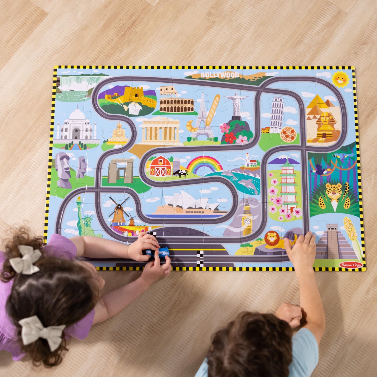 Melissa & Doug Race Around The World Floor Puzzle – 48-Piece Cardboard Jigsaw with Wind-Up Vehicles, Educational Toy for Kids Ages 4+, FSC Certified