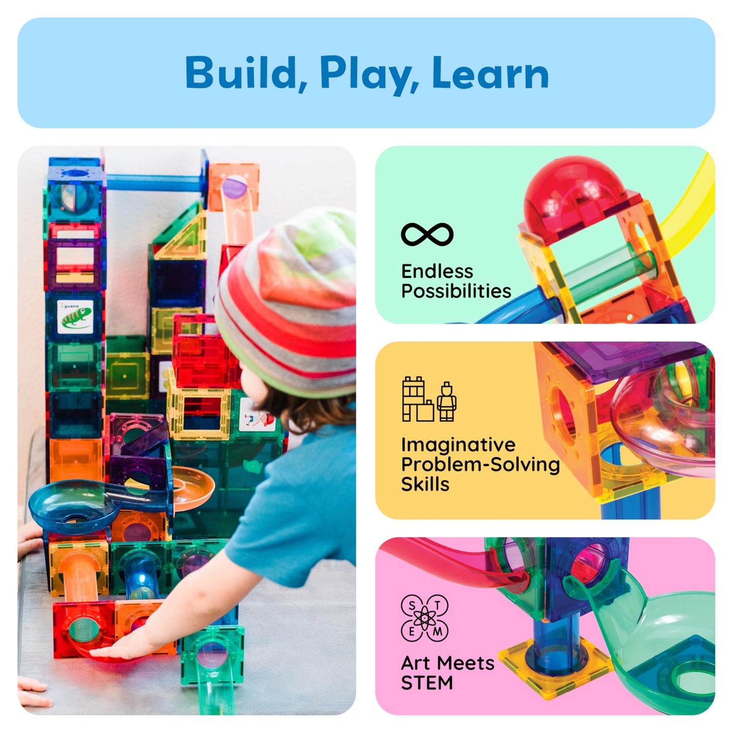 PicassoTiles 70pcs Marble Run Magnetic Tiles – STEM Building Set with Marbles for Kids Ages 3+, Educational Brain Development Toy PTG70