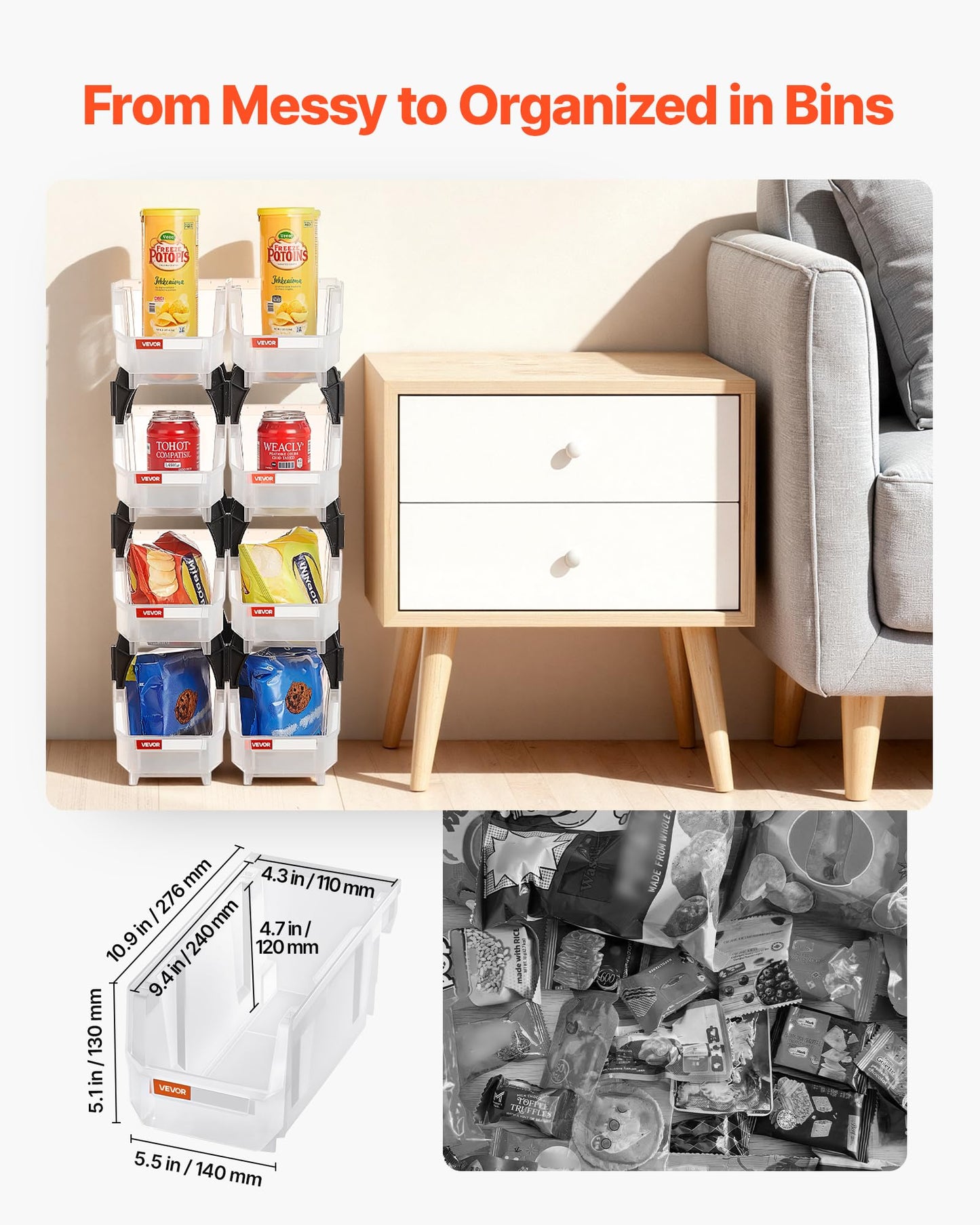 VEVOR Plastic Stackable Storage Bins, 10.9 x 5.5 x 5.1 inch (8 Pack), Plastic Containers for Organizing & Storage Bins for Closet, Garage, Small…