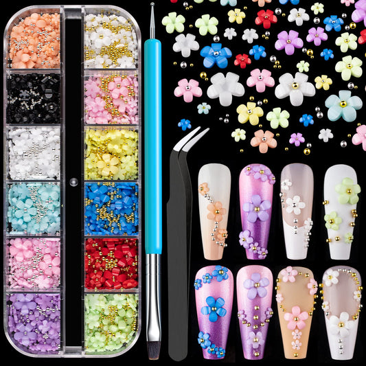 3D Flowers for Nails Art Colorful Charms Kit #2 with Caviar Beads, Blossom Rhinestones Crystal Pearls Acrylic Studs DIY Design Manicure Accessories