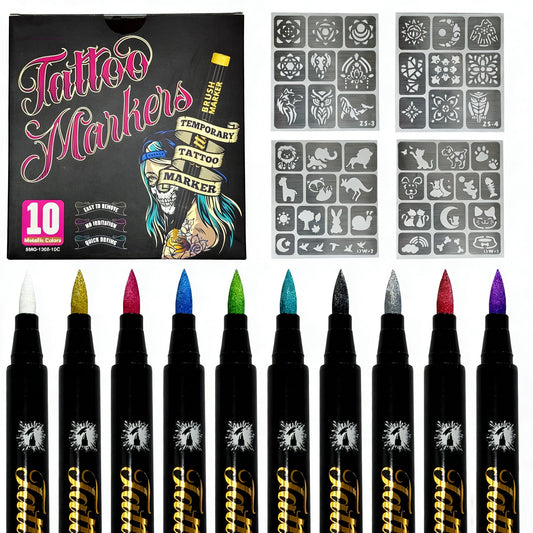 10 Colors Metallic Body Paint Markers with 4 Temporary Tattoo stencils, Waterproof & Sweatproof Temporary Tattoo Markers Quick-Dry Face Paint Pens
