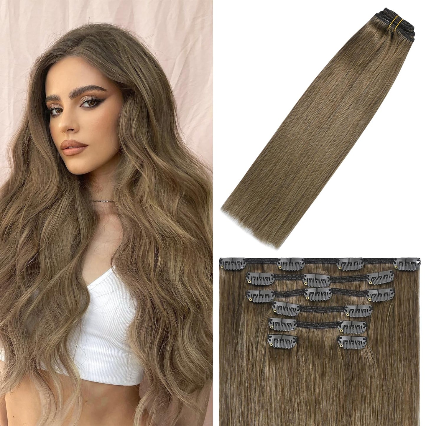 WindTouch Clip in Hair Extensions Real Human Hair Long 22 inch Human Hair Clip in Extensions #8 Ash Brown 75g 7PCS Brown Extensions