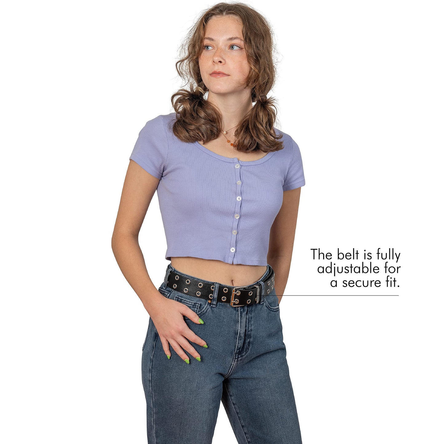 Skeleteen Grommet Faux Leather Belt - Black Faux Leather 2 Prong and Holes Aesthetic Grunge Belts for Men Women and Kids (Black, Extra Large)