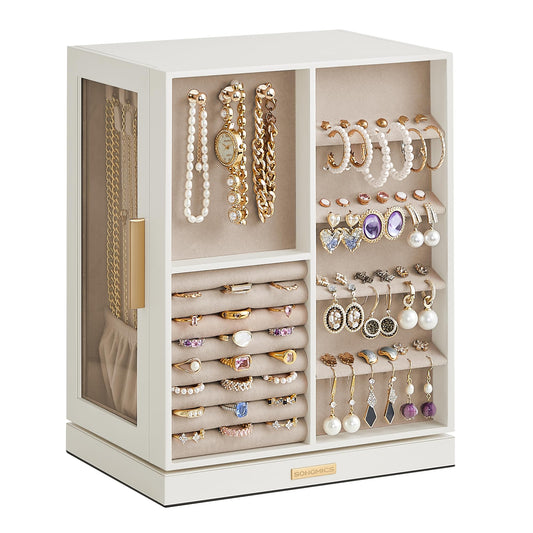 SONGMICS Jewelry Box 360° Rotating, Jewelry Storage Case with 5 Drawers, Jewelry Organizer, Glass Window, Spacious, Vertical Jewelry Storage, Open…