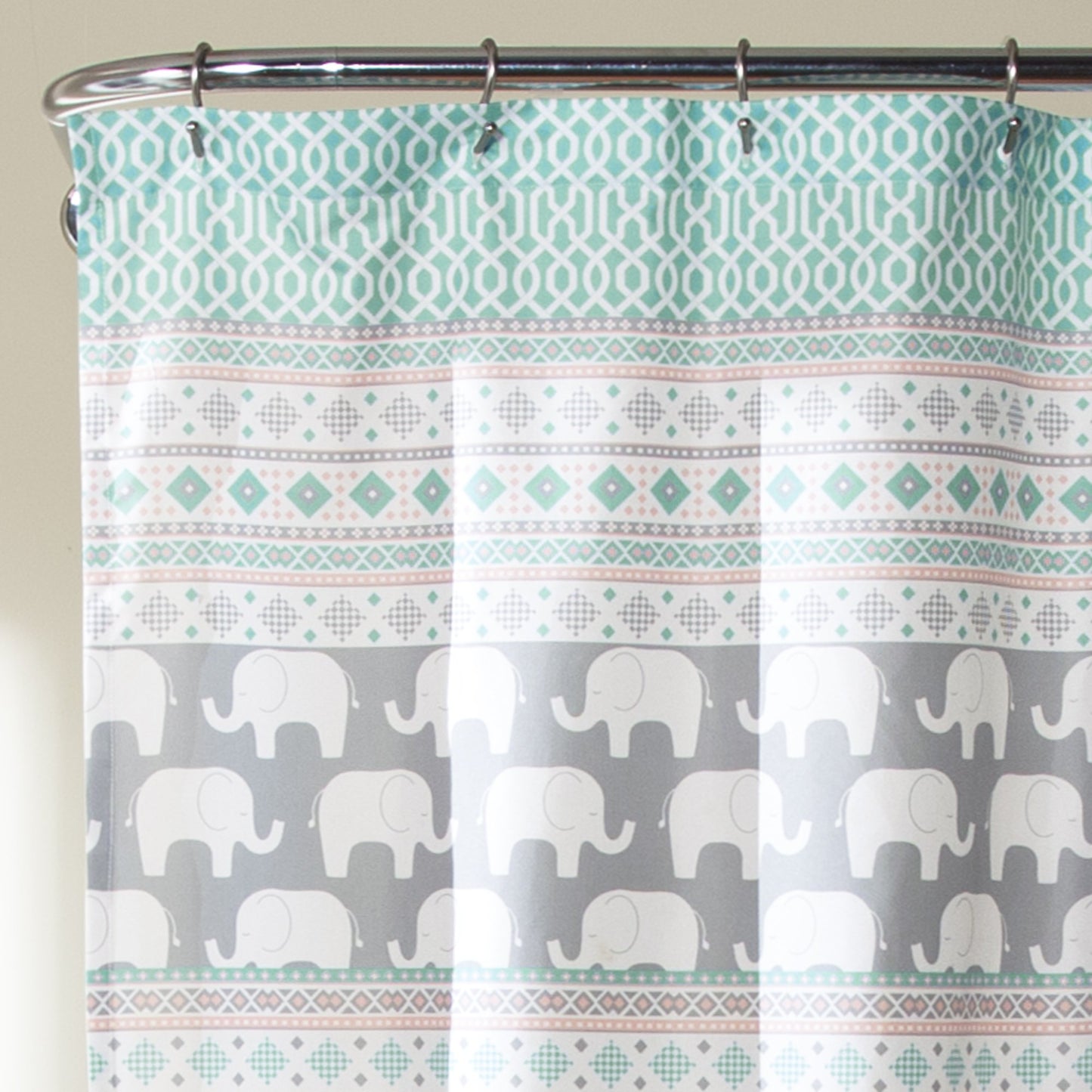 Lush Decor Elephant Stripe Shower Curtain - Fabric Geometric Animal Print Design, 72” x 72”, Turquoise and Pink