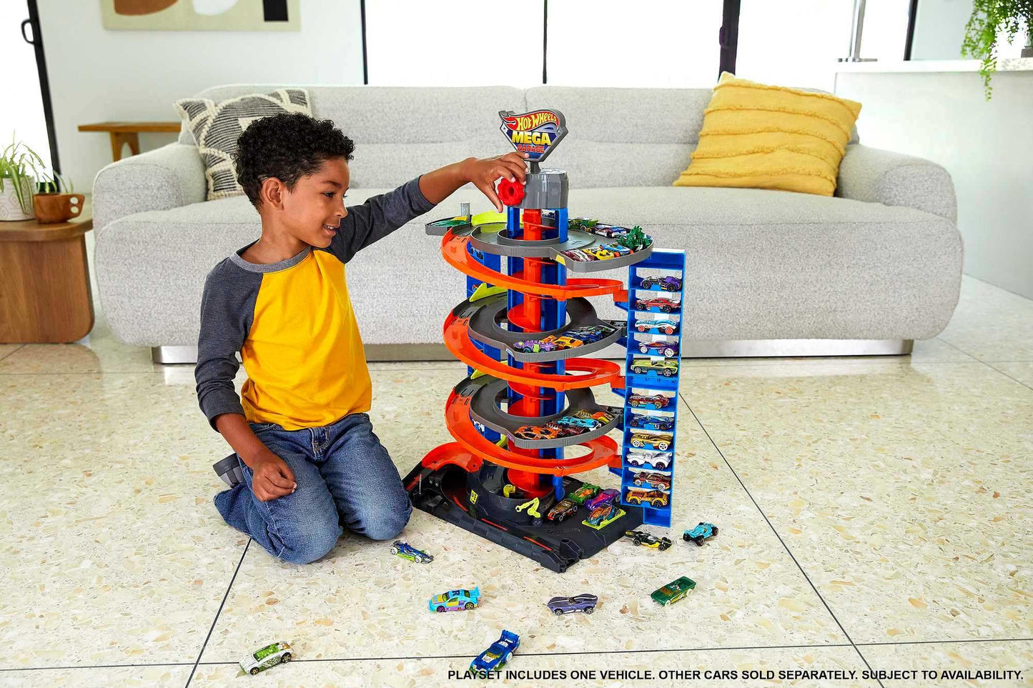 Hot Wheels City Mega Garage Playset with Corkscrew Elevator, Parking for 60+ Cars, Includes 1:64 Scale Vehicle, Kids Toy Gift Ages 4+ (HFH03)