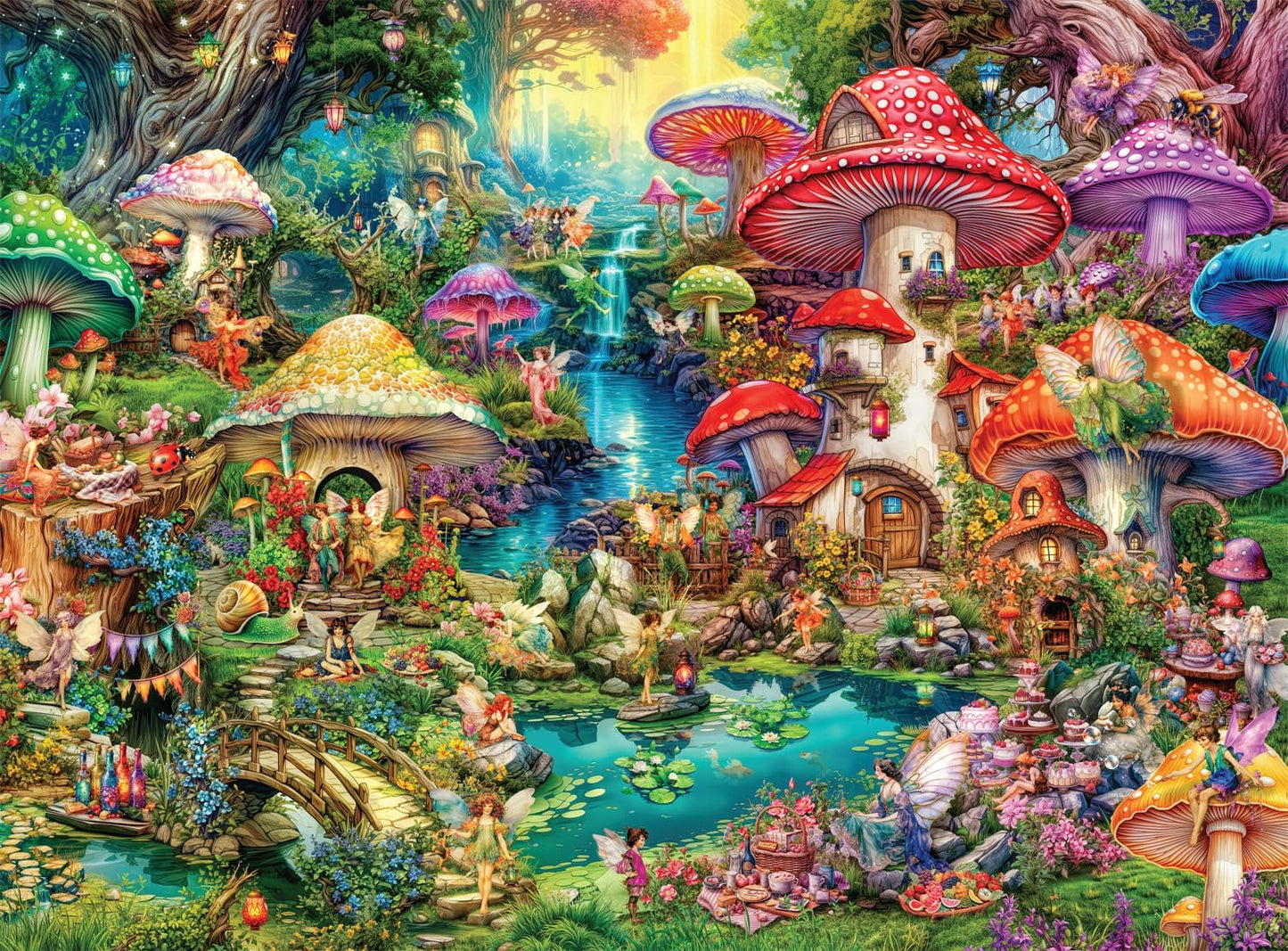Buffalo Games 1000 Piece Jigsaw Puzzle – Aimee Stewart Merry Mushroom Village Picnic, Challenging Puzzle for Adults, 26.75" x 19.75"