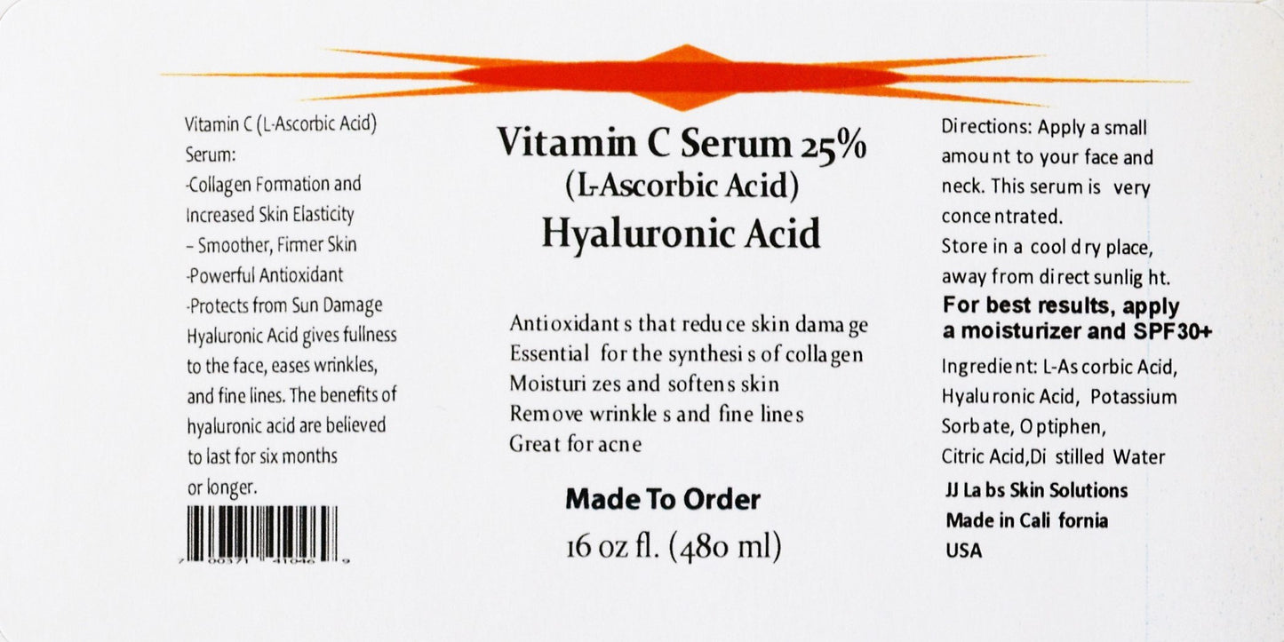 Vitamin C Skin Serum 25% (L-ascorbic Acid) with Pure Hyaluronic Acid Anti Aging Serum (32oz) Beauty & Personal Care JJ Labs Skin Solutions