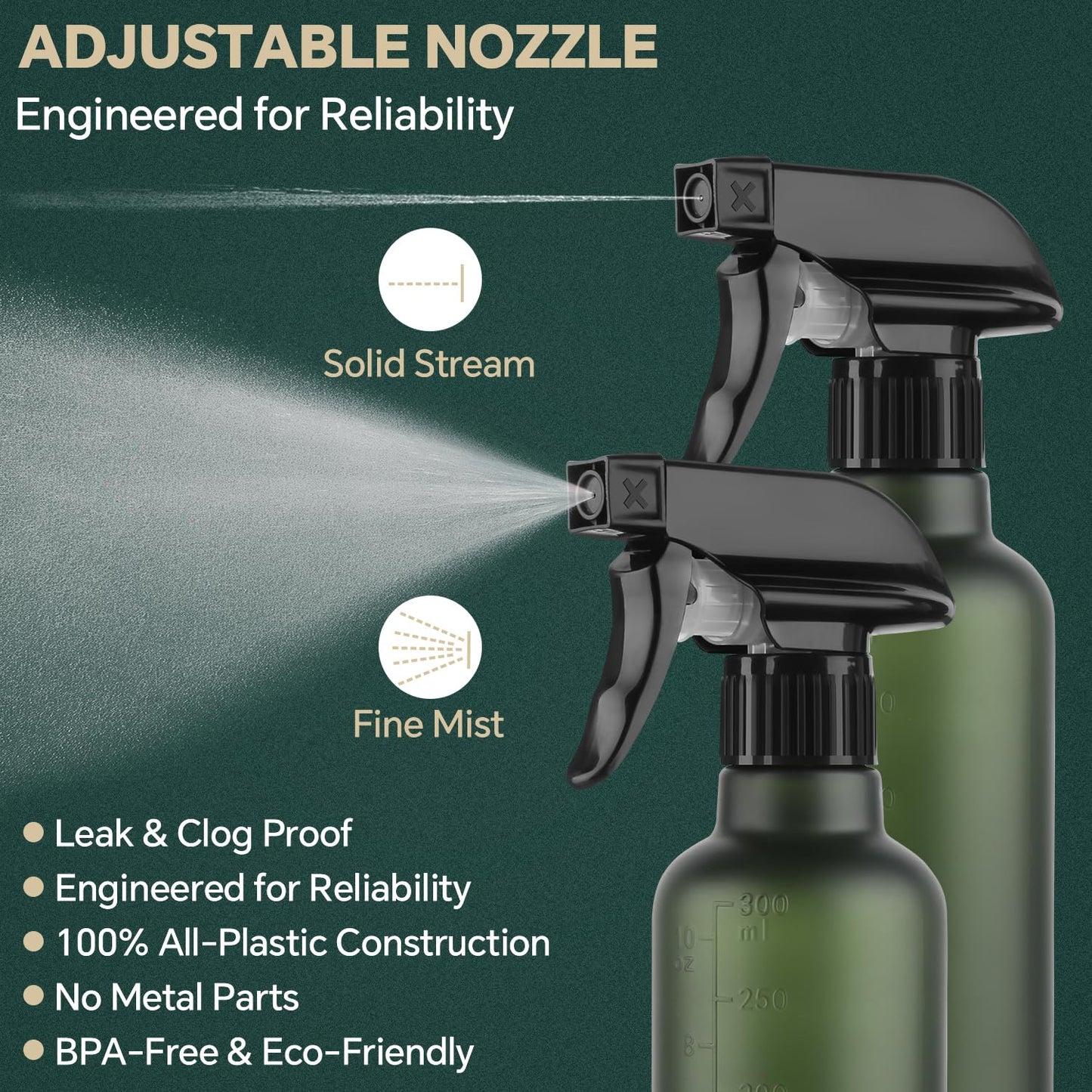 TTTred Leakproof Spray Bottles (2 Pack 10 oz), Adjustable Fine Mist & Jet Stream Nozzle, Premium BPA-Free Frosted Plastic Multi-Purpose for Hair Beauty and Personal Care TTTred