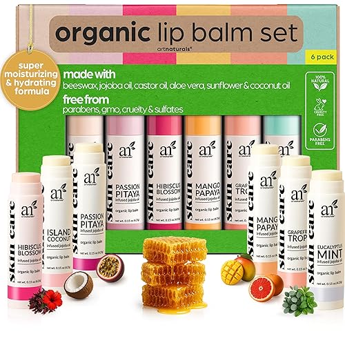 ArtNaturals Organic Beeswax Lip Balm Gift Set - Assorted Flavors with Aloe, Coconut & Jojoba Oils