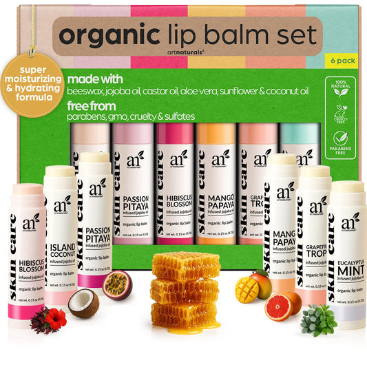 ArtNaturals Organic Beeswax Lip Balm Gift Set - Assorted Flavors with Aloe, Coconut & Jojoba Oils