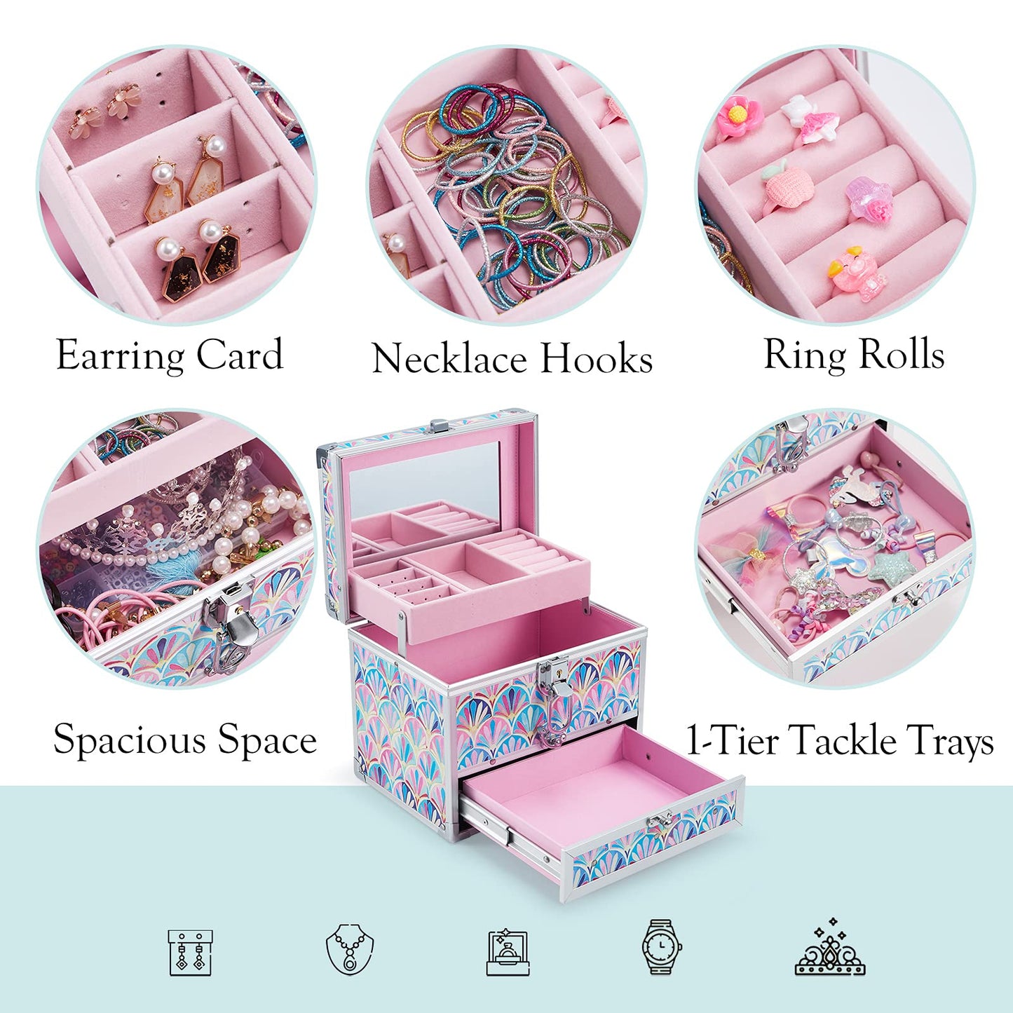 Hododou Girls Jewelry Box Organizer with Drawer & Mirror, Mermaid Tail Style Lockable Storage Case for Kid or Little Girls Jewelry and Hair…