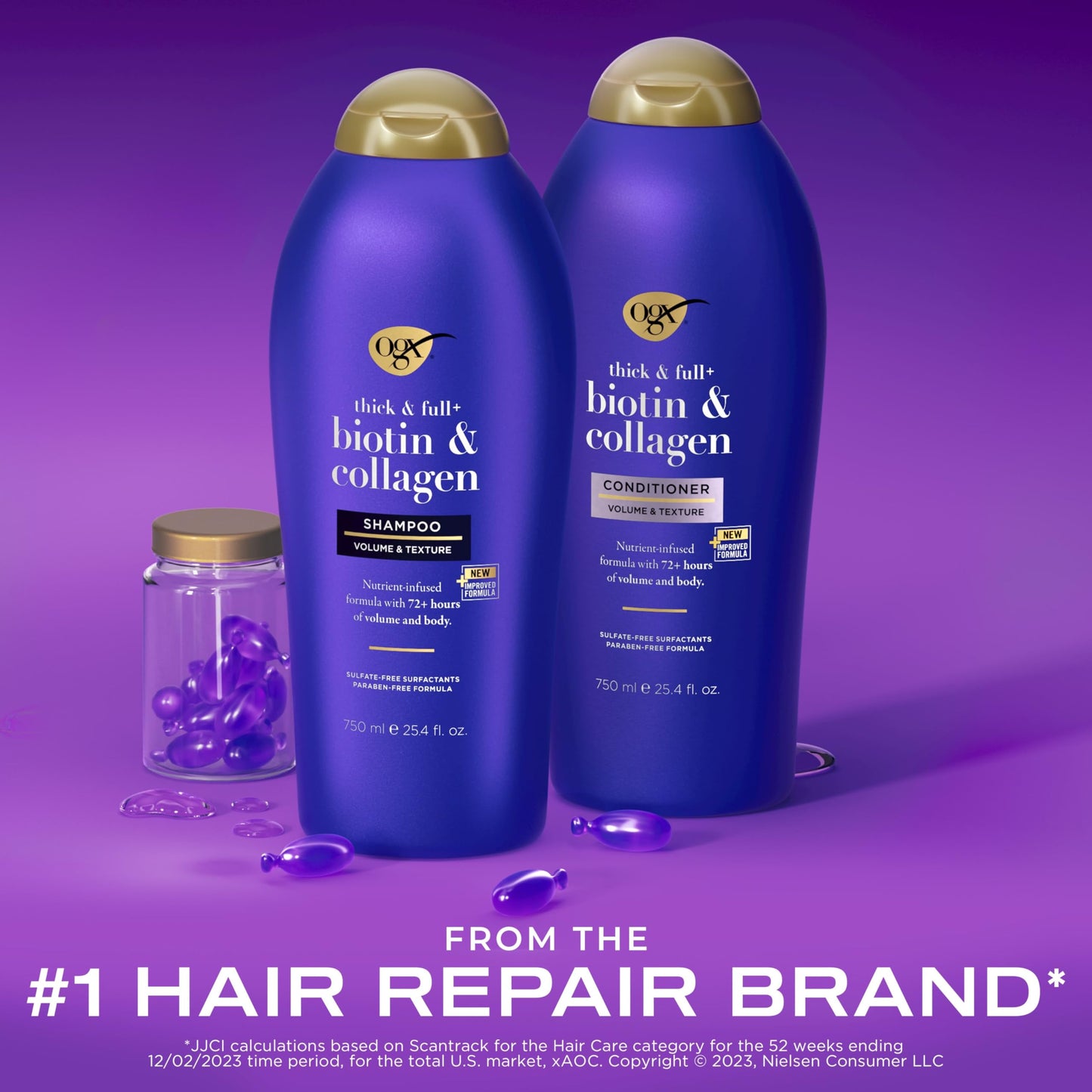 OGX Shampoo and Conditioner Set, Thick and Full + Biotin and Collagen, Purple, Helps Thicken and Texturize Hair, Ideal for Flat to Medium Volume Hair