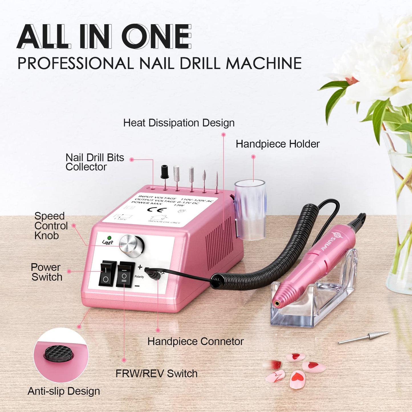 Subay Professional Finger Toe Nail Care Electric Nail Drill Machine Manicure Pedicure Kit Electric Nail Art File Drill with 1 Pack of Sanding Bands