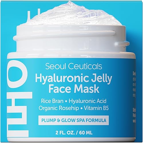 SeoulCeuticals Korean Skin Care Hyaluronic Acid Jelly Face Mask - Rice Bran + Vit B5 + Rosehip Anti Aging K Beauty Skincare for Plump Glowing Skin 2oz