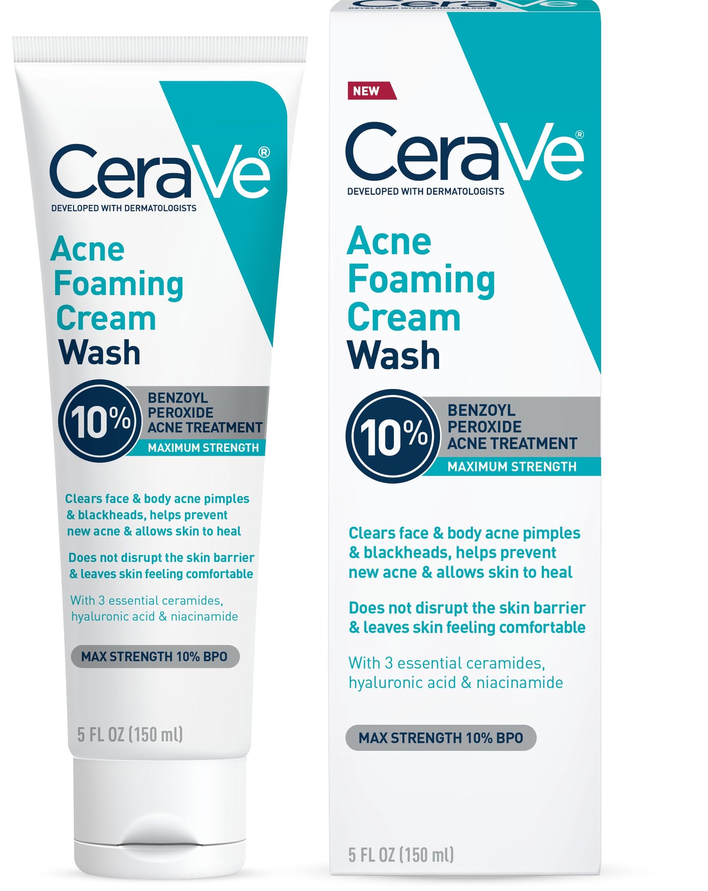 CeraVe Acne Foaming Cream Wash, Gentle Face and Body Cleanser with Benzoyl Peroxide 10%, Hyaluronic Acid, and Niacinamide, 10% Benzoyl Peroxide Beauty and Personal Care CeraVe
