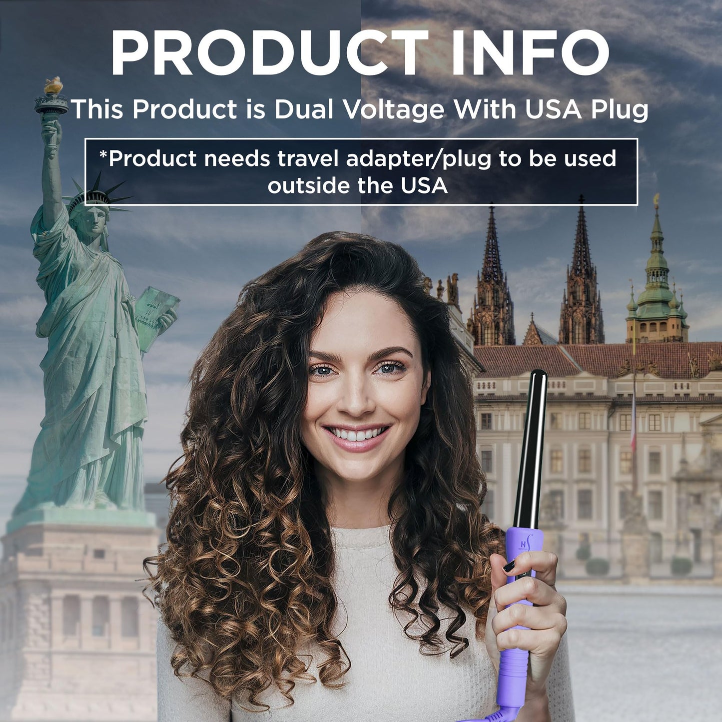 Herstyler Grande Ceramic Tapered Curling Wand - 1 inch Dual Voltage with Negative Ions for Long and Short Hair (Purple)