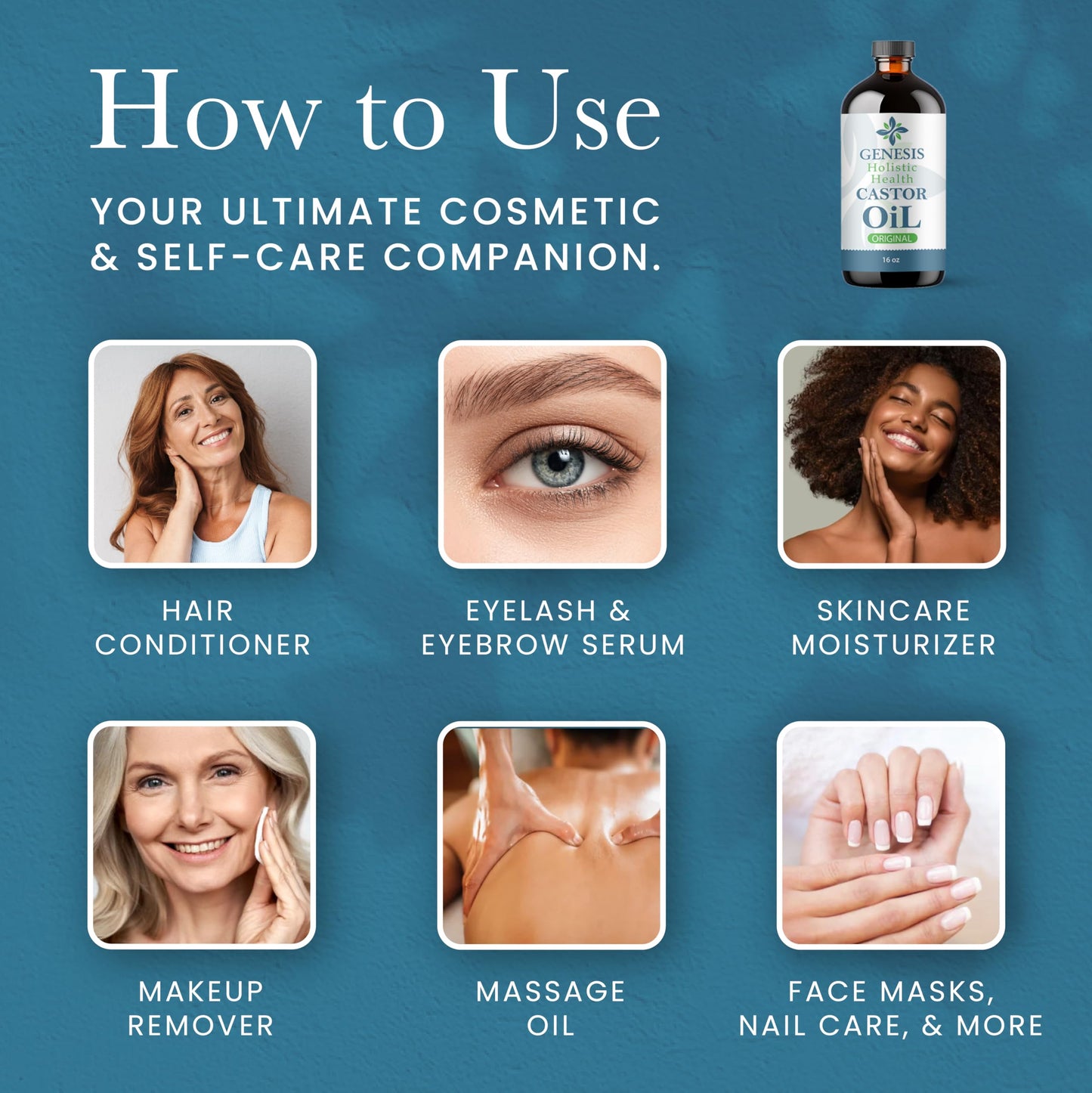 Genesis Holistic Health Organic Castor Oil - 100% Pure, Cold Pressed, Hexane Free - Nourishing Hair & Skin Oil - Eyelash & Eyebrow Growth, Deep